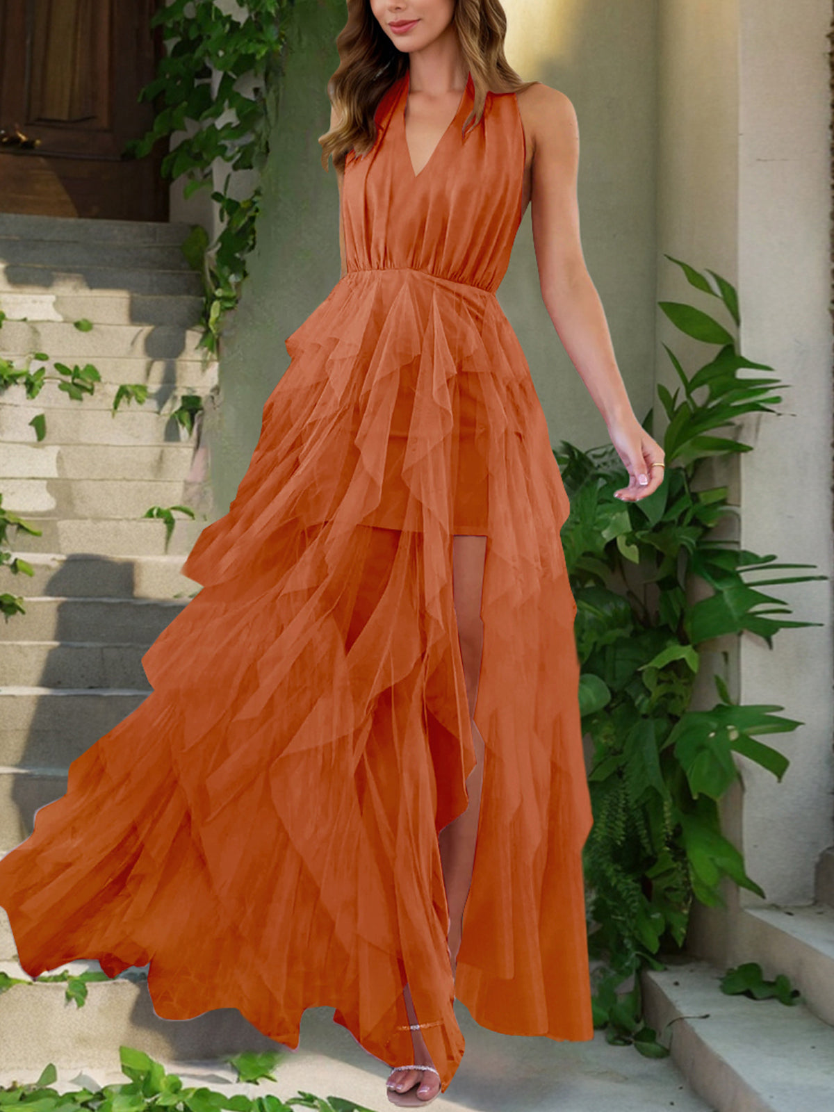 Sexy Backless Tulle Halter Maxi Dress