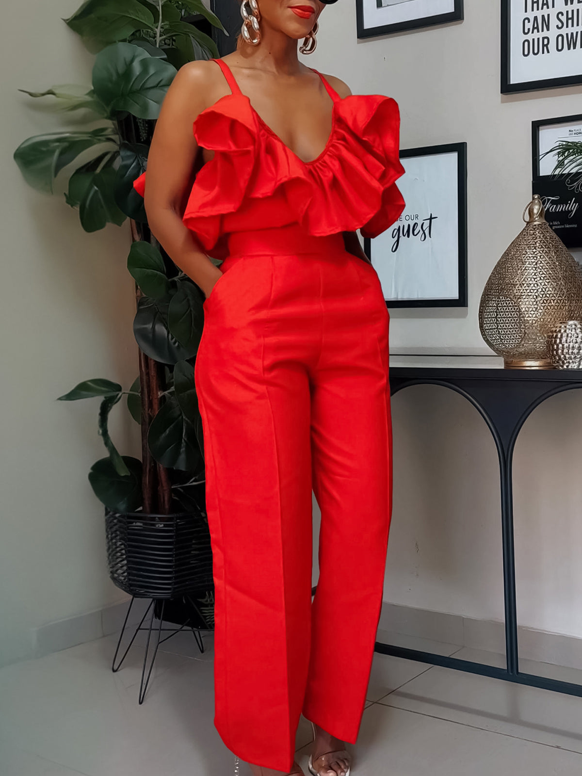 Suspenders Ruffles Tops High Waist Pants Set