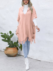 Fringe Trim Buttoned Hooded Poncho