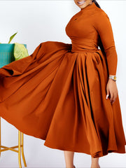 High Neck Ruched Waist Full Skirt Midi Dress
