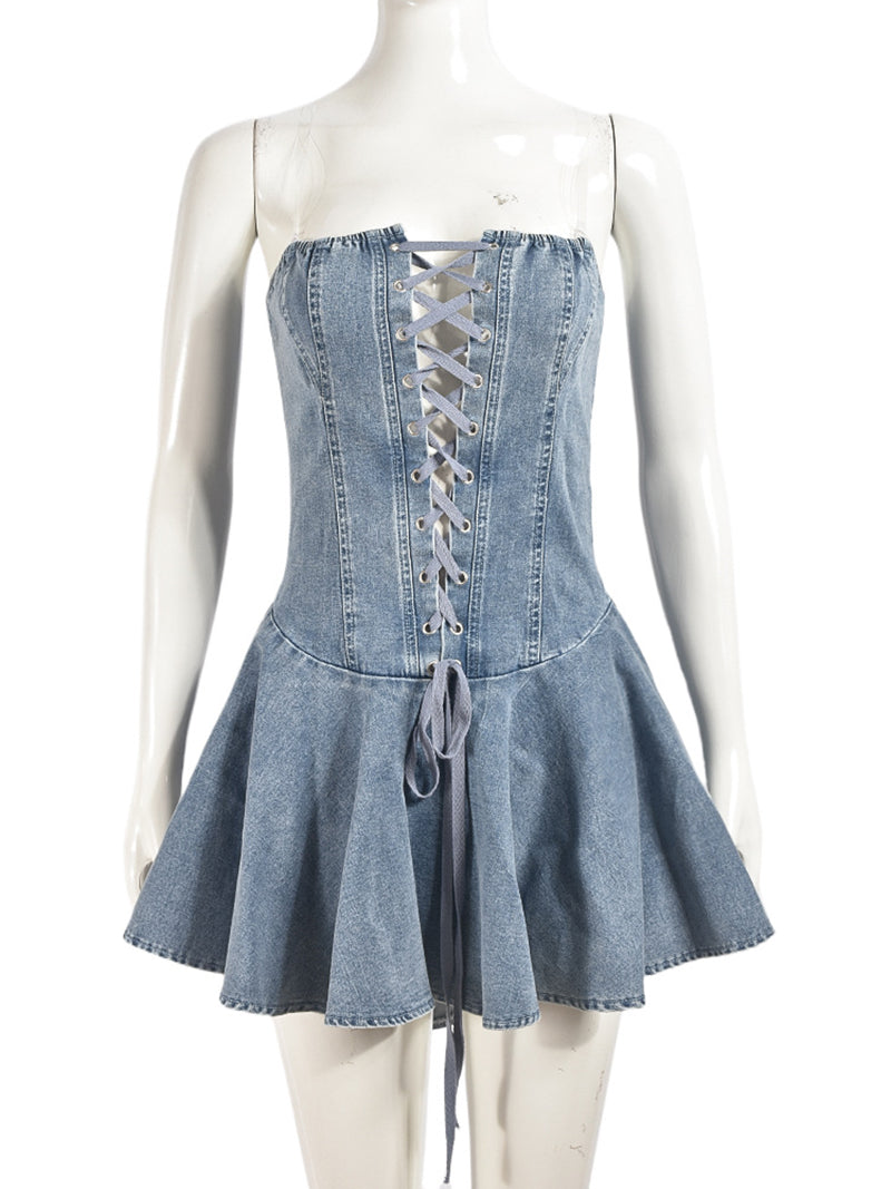 Sexy Sweet Denim Corset Flare Mini Dress