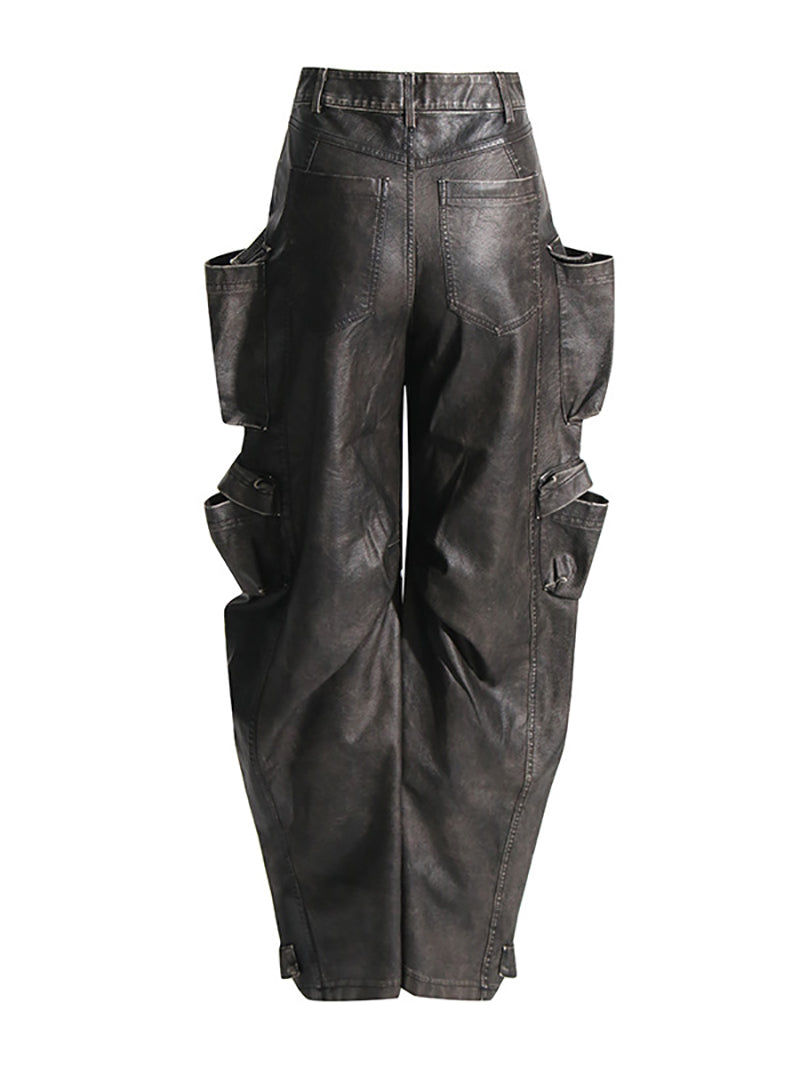 Multi-pocket Wide Leg PU Leather Pants