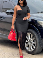 Elegant Cut out Tassel Patchwork Bodycon Midi Dress