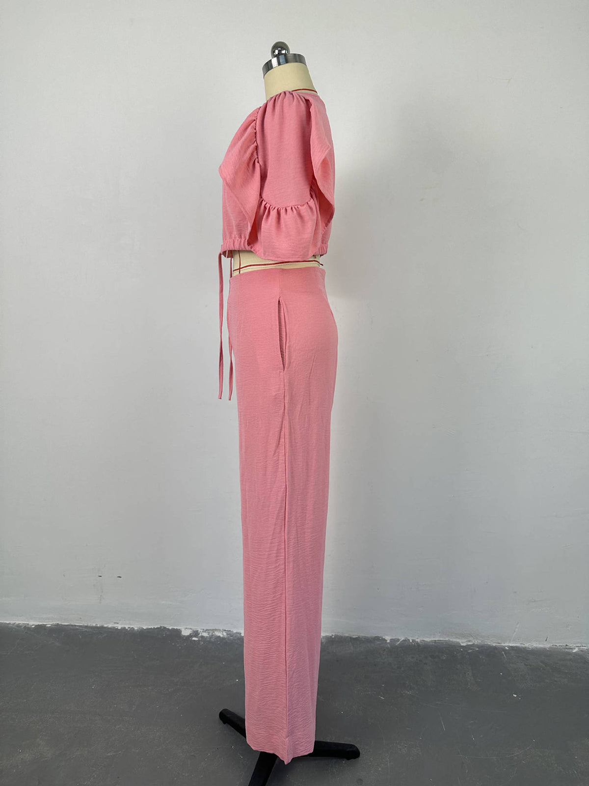 V-neck Bell Bottom Sleeve Tie Top and Wide Leg Pant Set