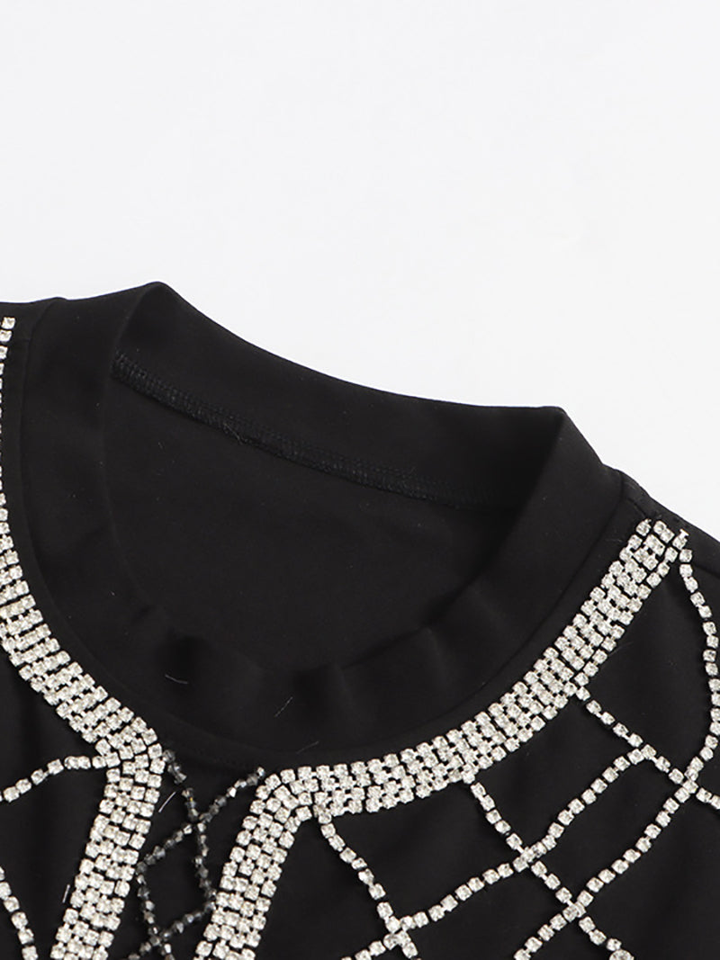 Elegant Round Neck Spliced Diamond Tassels T-shirt
