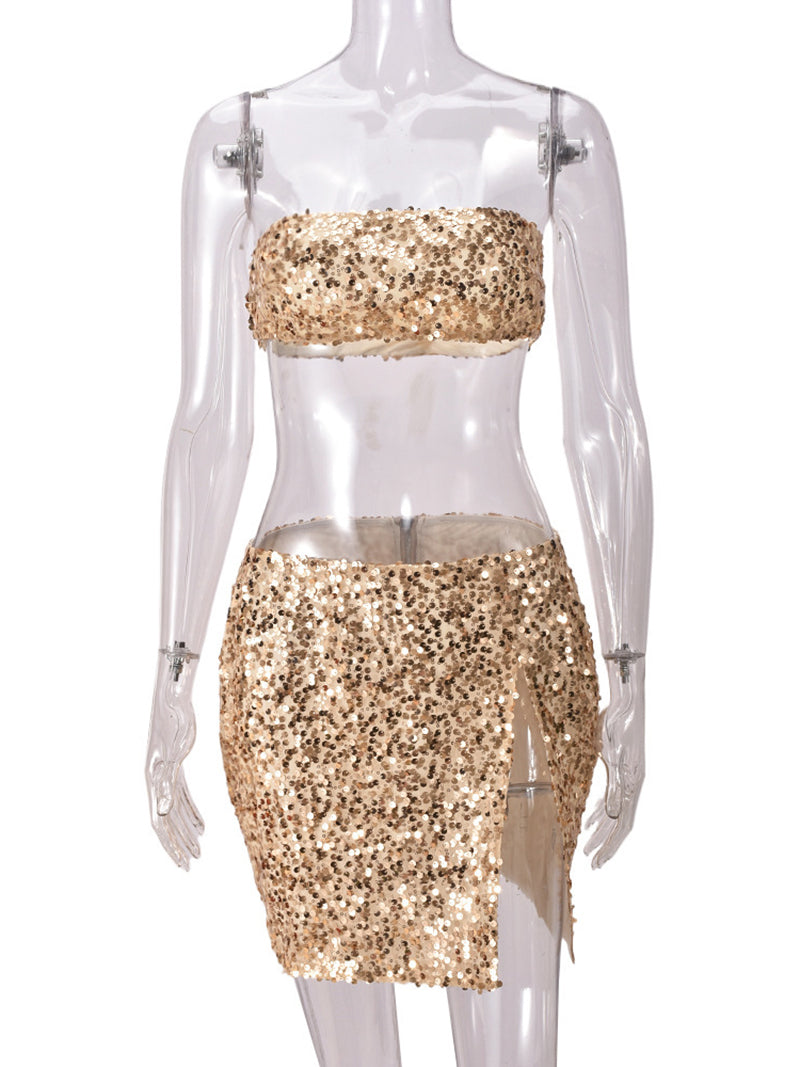 Sexy Sequins Strapless Mini Skirt Nightclub Two Pieces