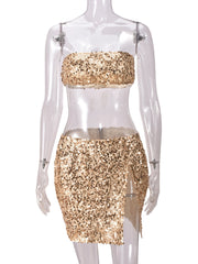 Sexy Sequins Strapless Mini Skirt Nightclub Two Pieces