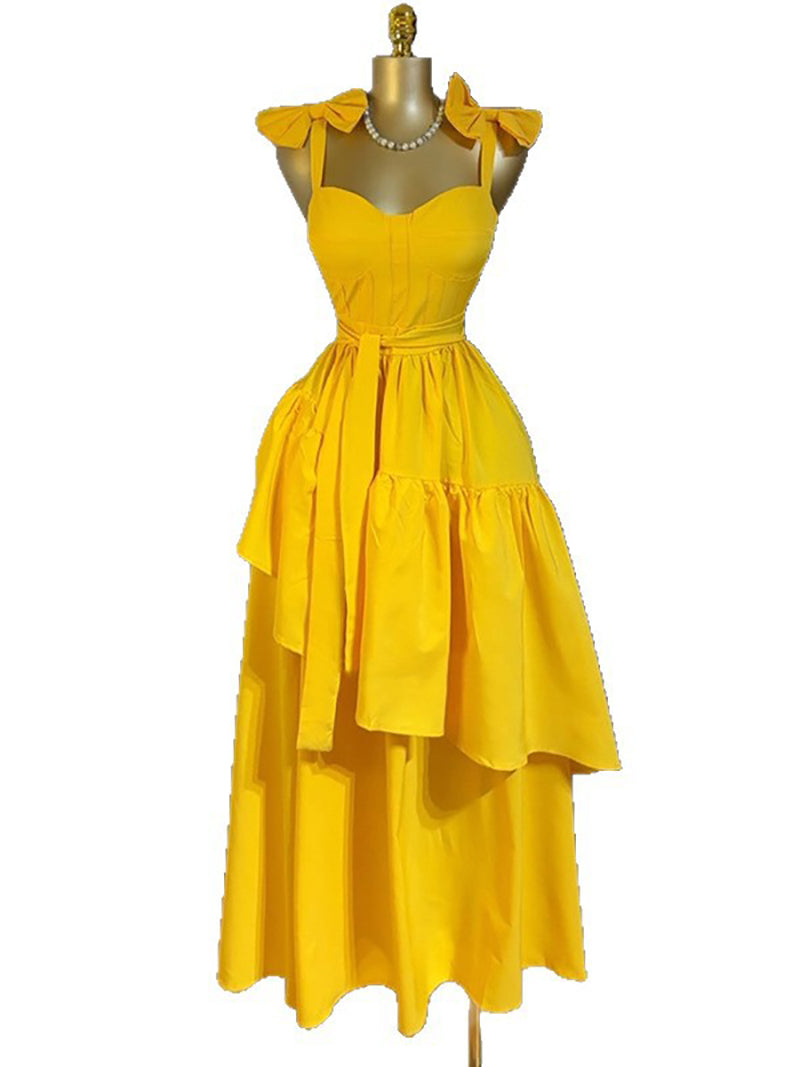 Elegant Heart Neck Bow-Strap Tiered Dress