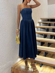 Fashion High Waist Pleated Strapless Denim Dress