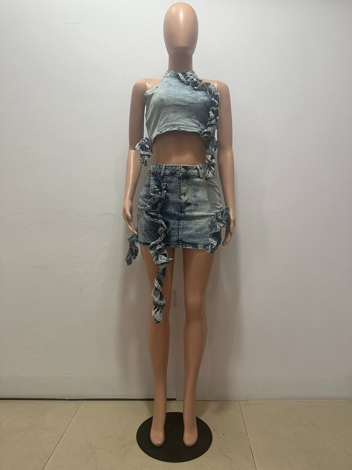 Sexy Halter Top Ruffled Cutout Denim Mini Skirt Sets