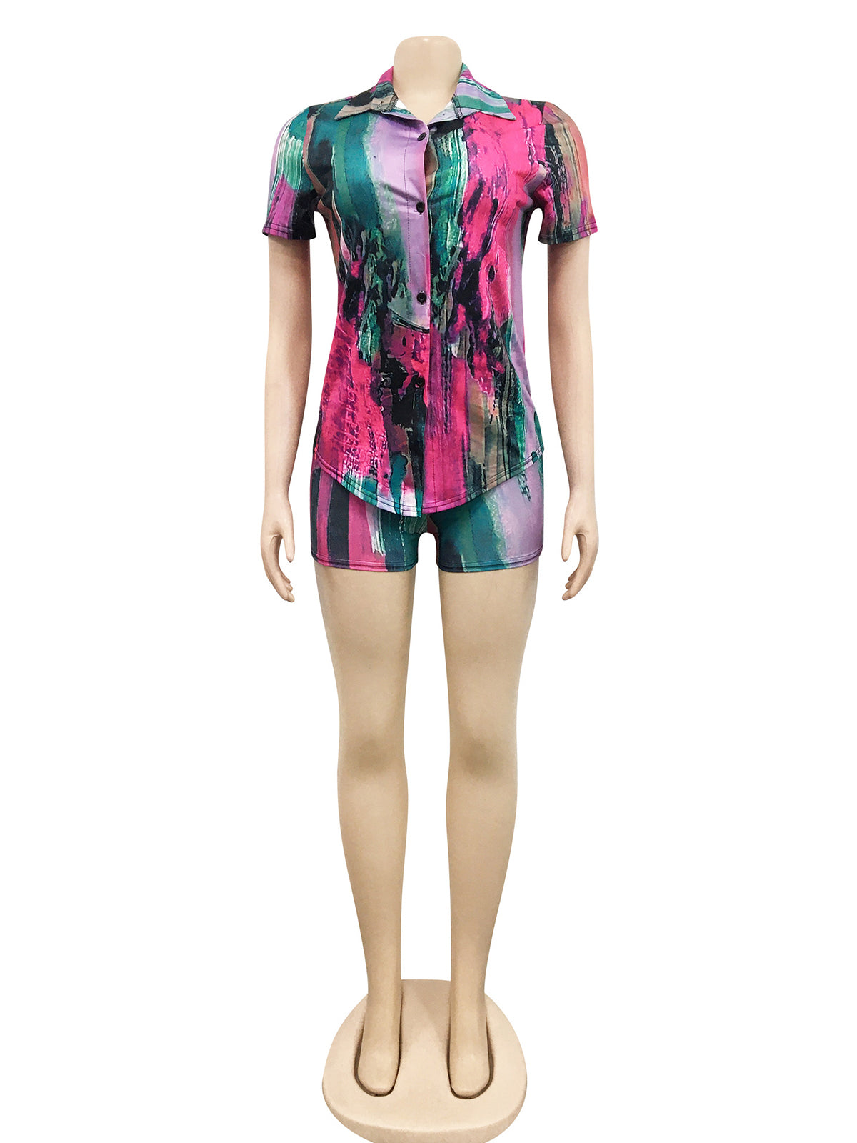 Print Turn-Down Collar Shirt Shorts Slim Two Piece Set