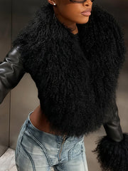 Fluffy Long Sleeve Patchwork PU Leather Cropped Coat