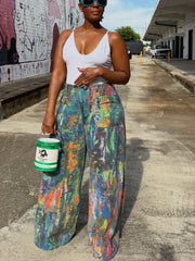 Paint Print Straight Leg Casual Pants