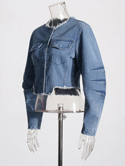 Fashion Round Neck Cutout Denim Jacket