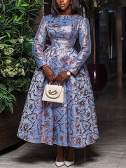 Fashion Round Collar Print Cinched Waist A-Line Dress