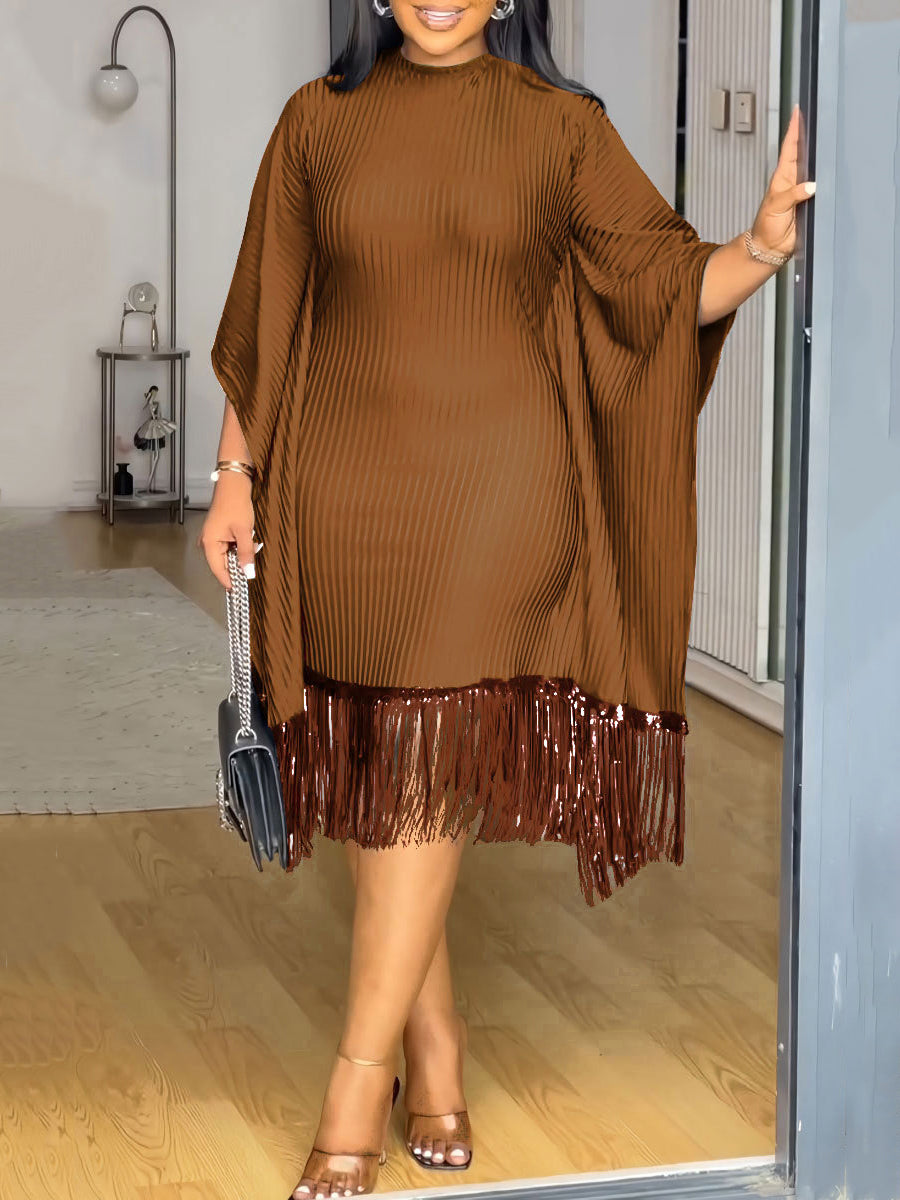 Fashion Sequin Fringe Bat Sleeve Midi Dress