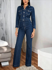 Contrast Stitch Long Sleeve Denim Jumpsuit-boutique
