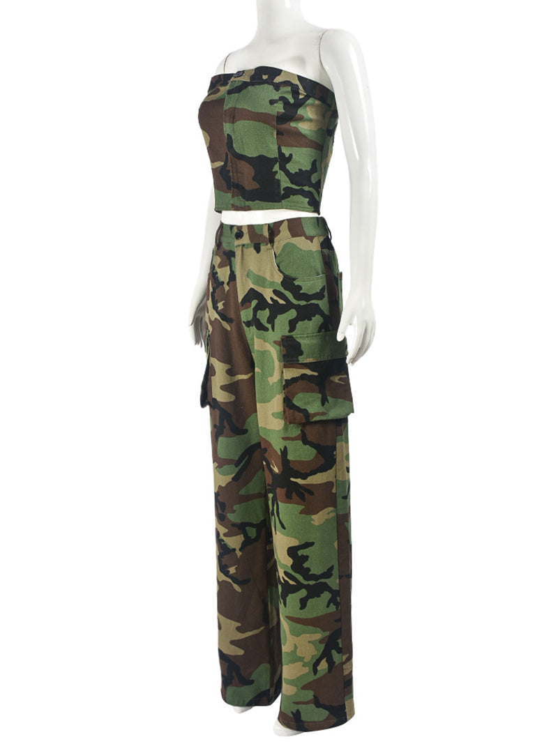 Sexy Camo Strapless Elastic Straight-leg Pants Set