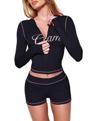 Fashion Leopard Print Hoodie Zipper Shorts Casual Set