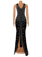 Sexy V Neck Sheer Mesh Rhinestone Decor Dress