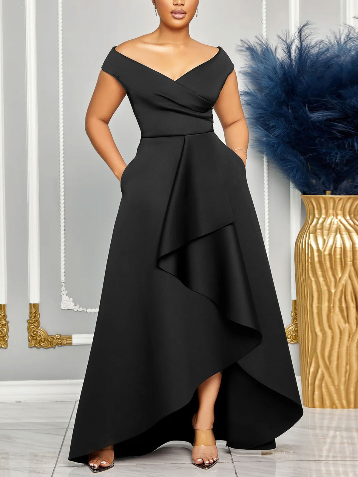 Elegant Off Shoulder V Neck Sleeveless Evening Gown