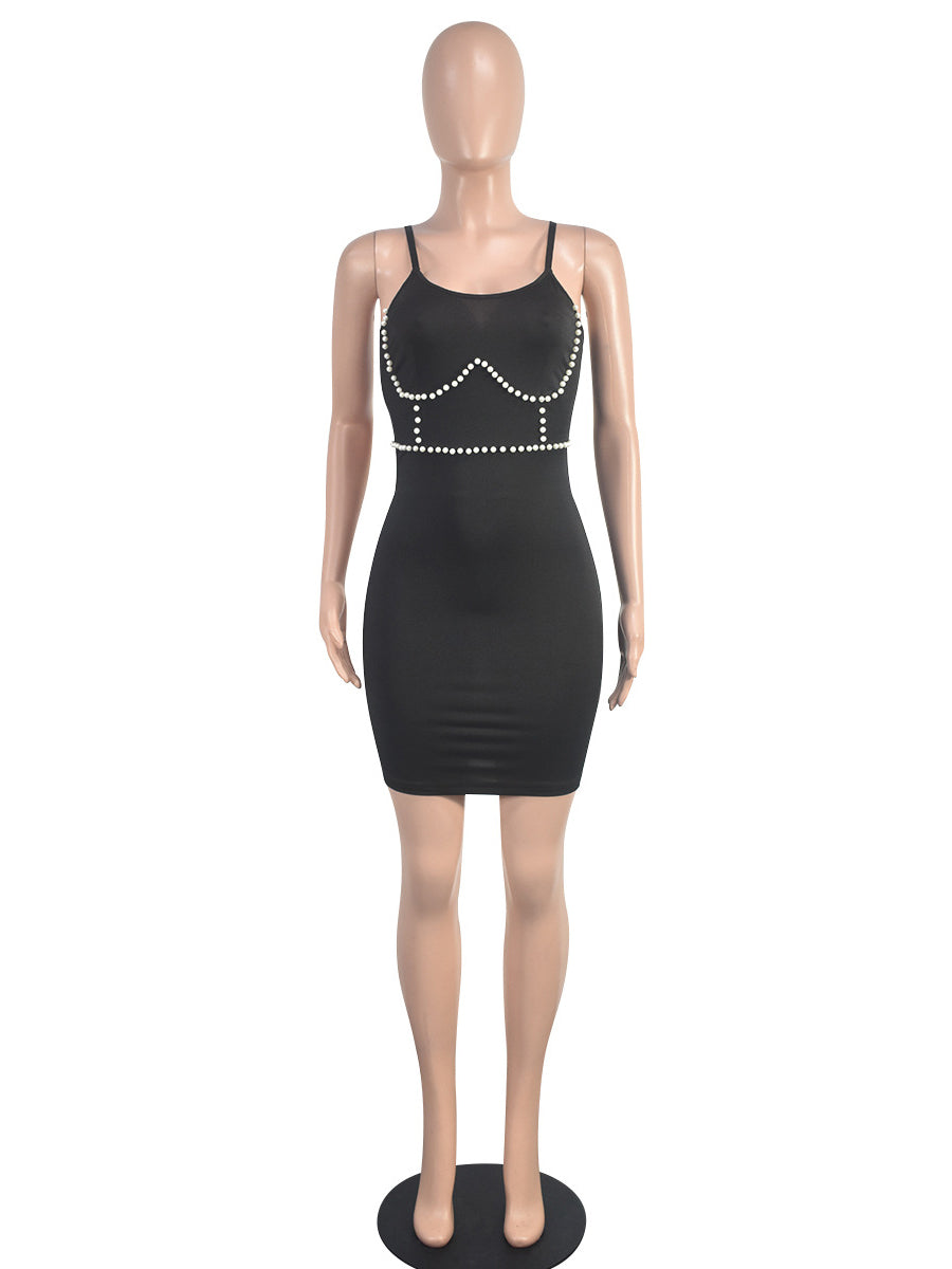 Spaghetti Straps Pearls Beaded Bodycon Dress