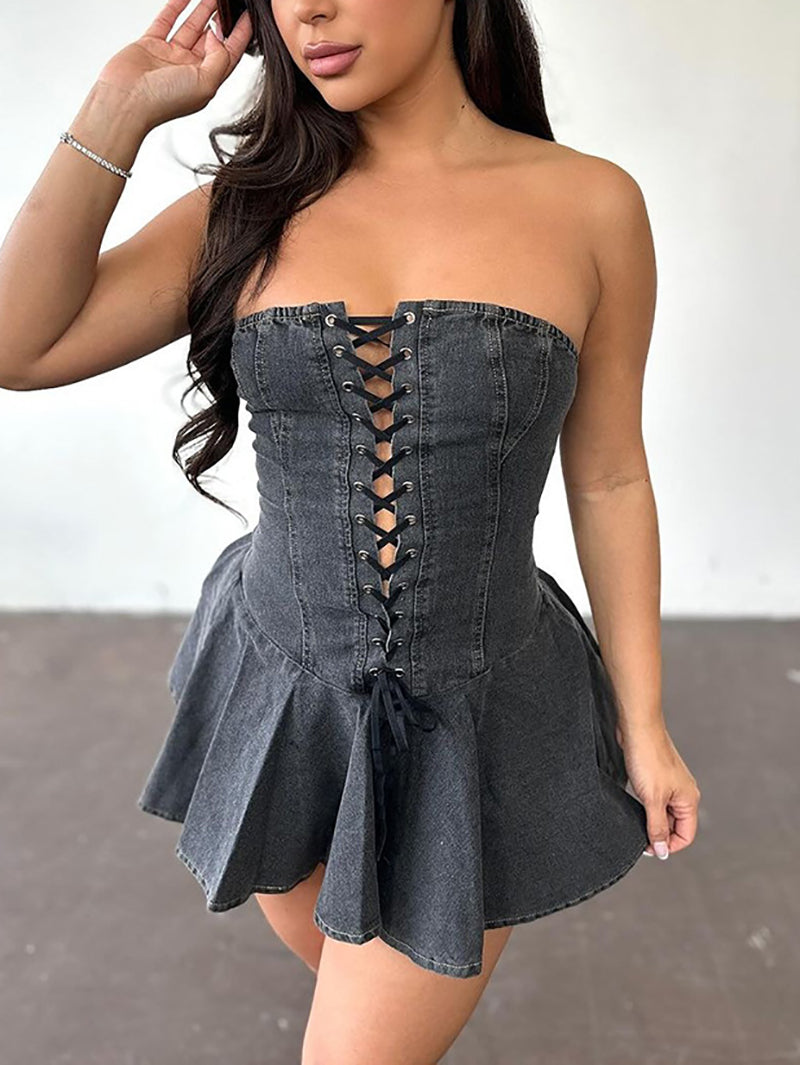 Sexy Sweet Denim Corset Flare Mini Dress