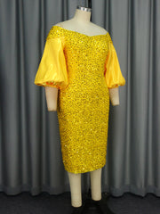 Elegant Off Shoulder Sequin Puff Sleeve Party Mid Dress