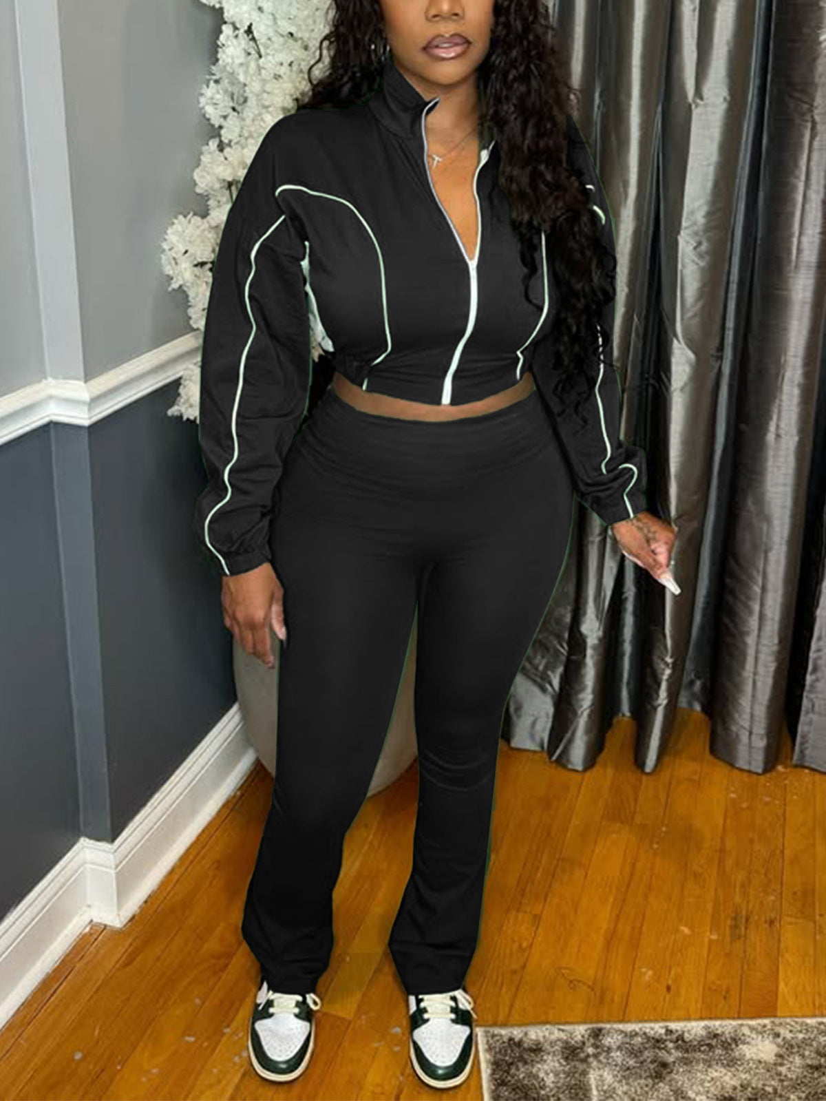 Zipper Cropped Flared Pants Casual Two Piece Sets