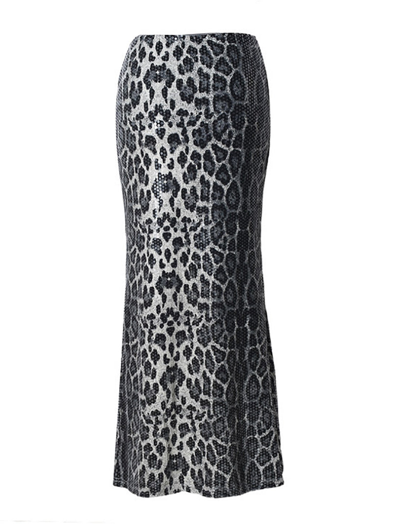 Sexy Leopard Print Sequin Maxi Skirt