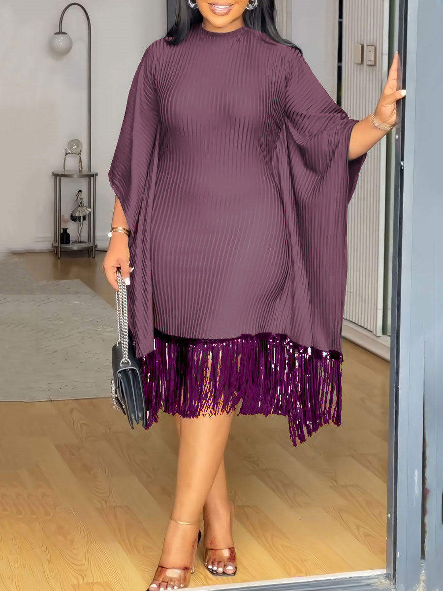 Fashion Sequin Fringe Bat Sleeve Midi Dress