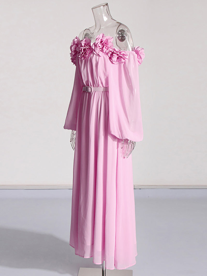 Elegant Off Shoulder Floral Embellished Maxi Dress