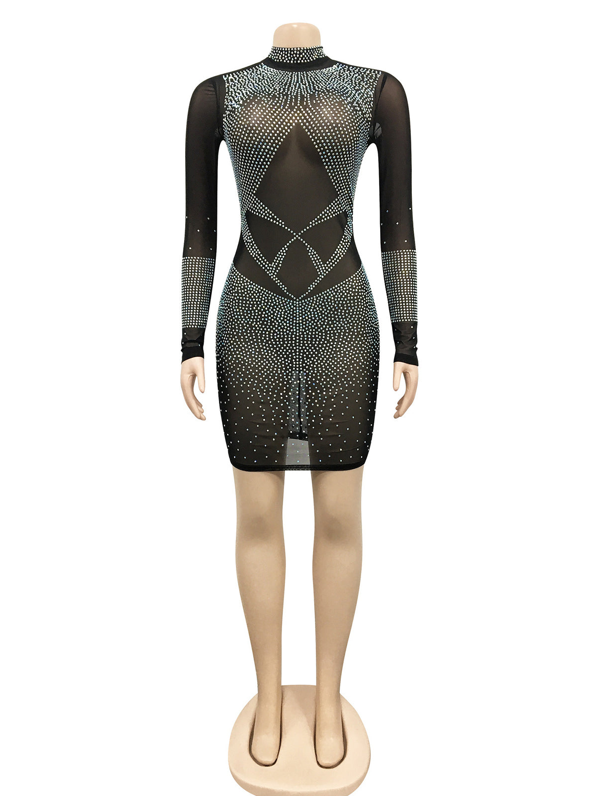 Long Sleeve Mesh Rhinestones Bodycon Nightclub Dress