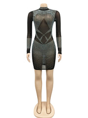 Long Sleeve Mesh Rhinestones Bodycon Nightclub Dress