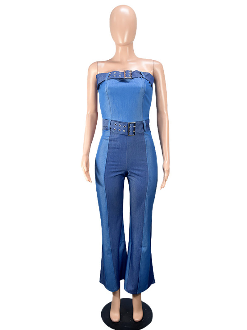 Colorblock Denim Patchwork Bandage Jumpsuit