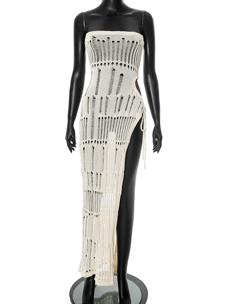 Strapless High Slit Cut Out Knit Drawstring Dress