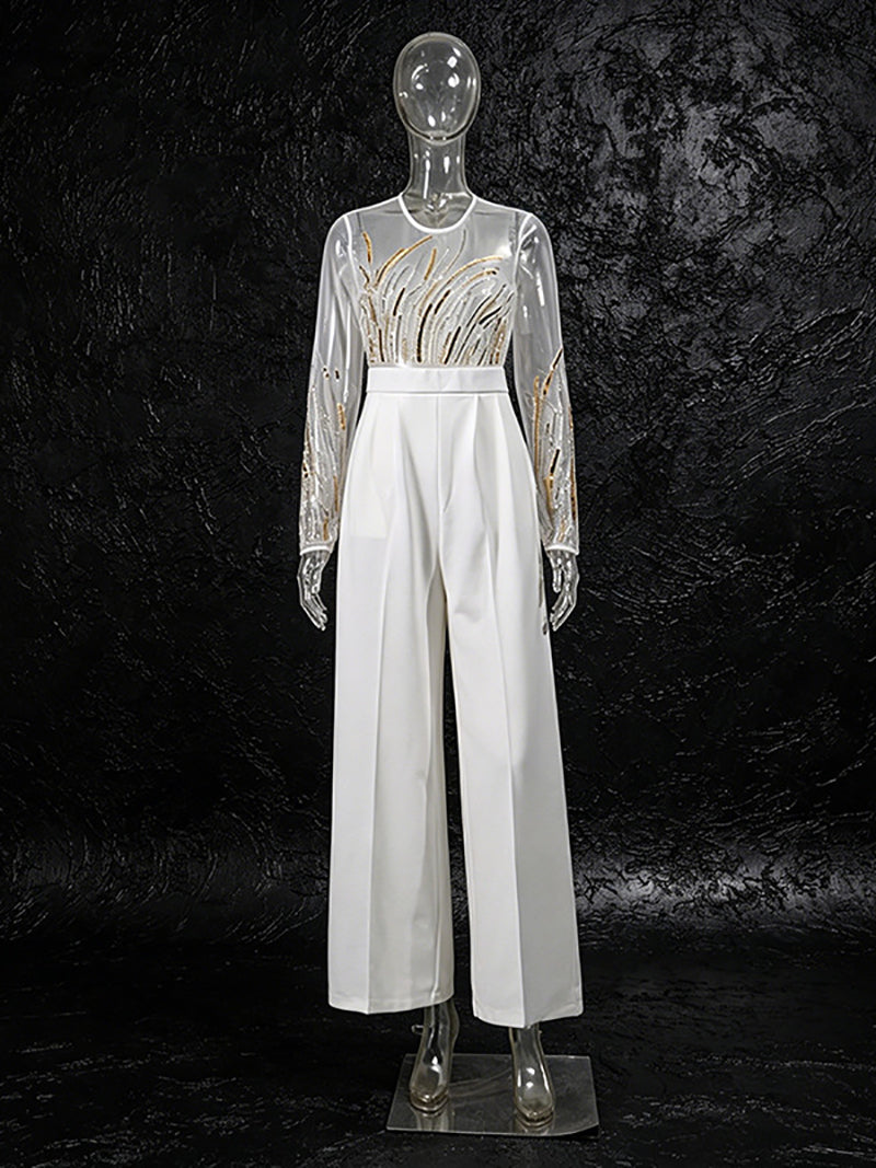 Sequin Sheer Mesh Bodice Patchwork High Waist Jumpsuit