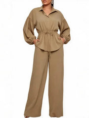 Collared Shirt and Wide Leg Pants Set
