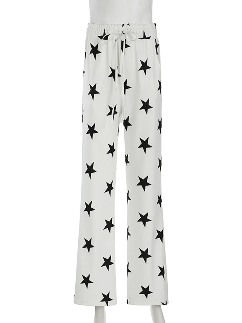 Five-pointed Star Print Loose Lace-Up Pants