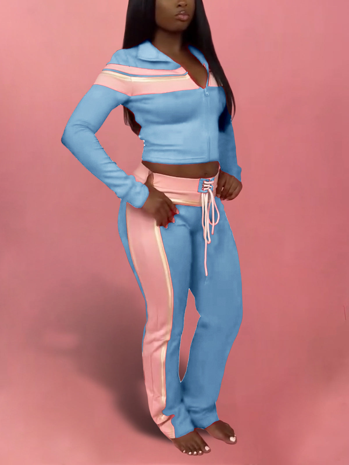 Casual  Stripe Tube Top Jacket Jogging Pants Sports Set
