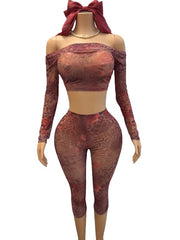 Animal Print Off Shoulder Top and Capri Pants Set