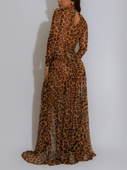 Fashion Leopard Print Sheer Mesh High Slit Dress