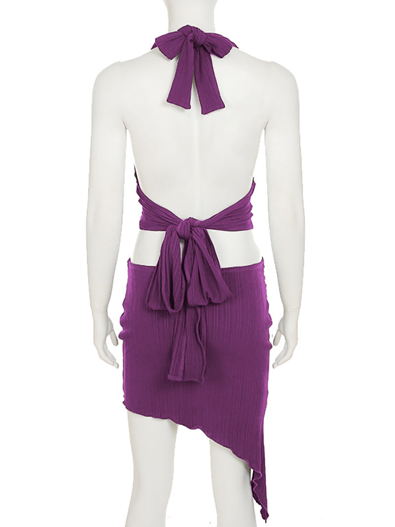 Sexy Halter Crop Top Asymmetric Mini Skirt Set