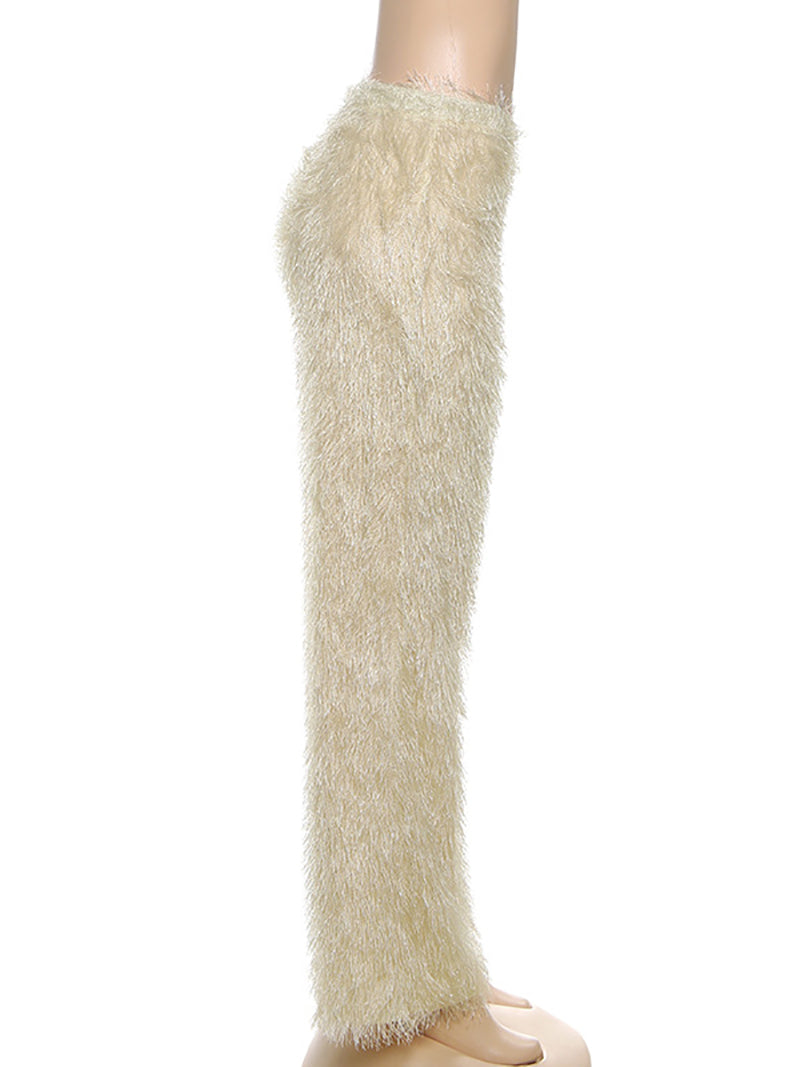 Casual Fluffy Mid Waist Straight Trousers