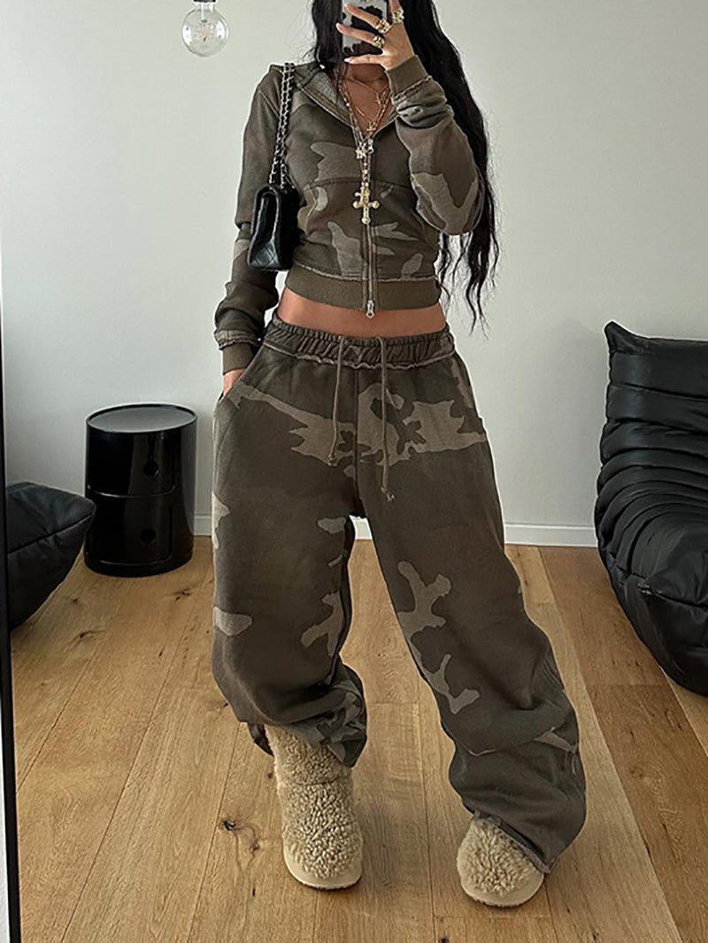 Camo Print Hoodie Wide Leg Pants Two Piece Set