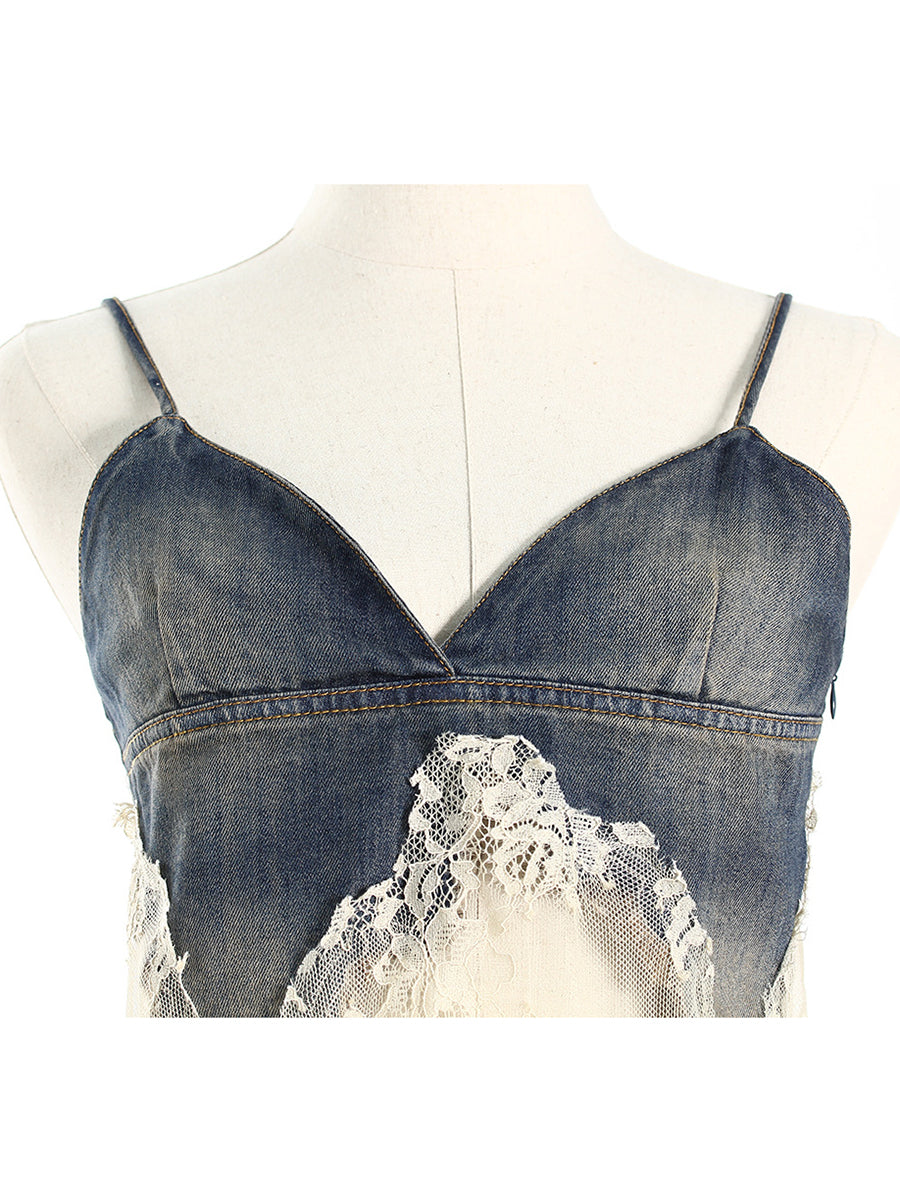 Fashion Lace Patchwork Denim Top and Shorts Sets