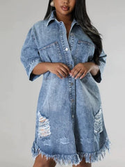 Plus Size Fringe Denim Shirt Dress
