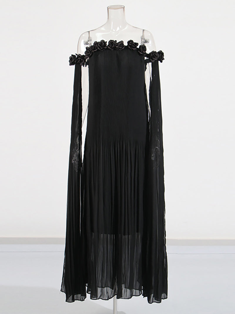Elegant Off-The-Shoulder Flowers Folds Maxi Dress