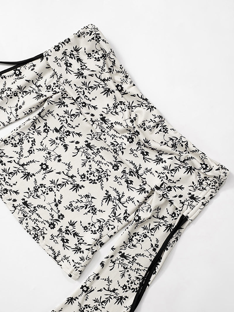 Off Shoulder Floral Print Slim Fit Long Sleeve T-Shirt