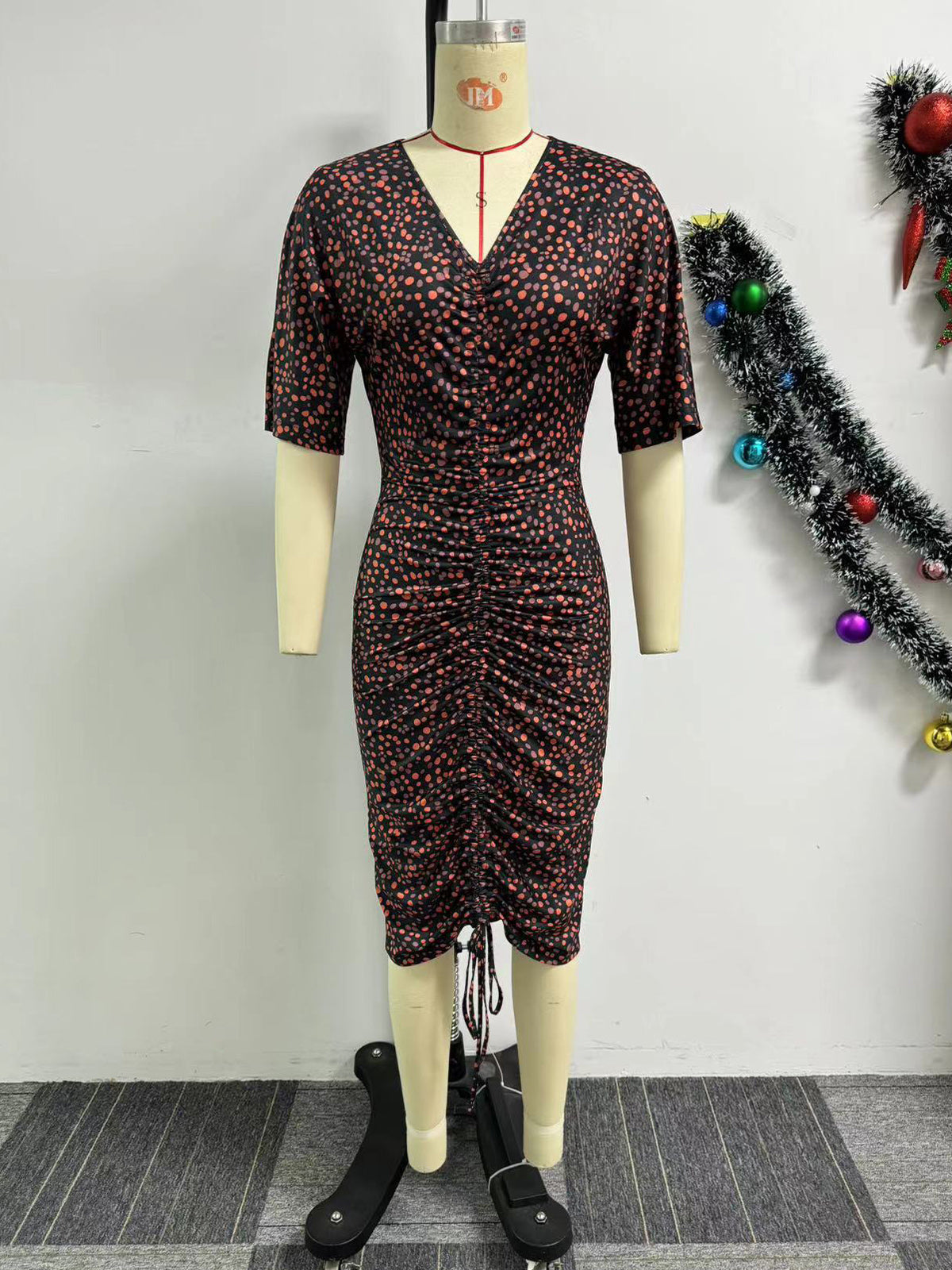 Print V-neck Drawstring Elastic Bodycon Dress